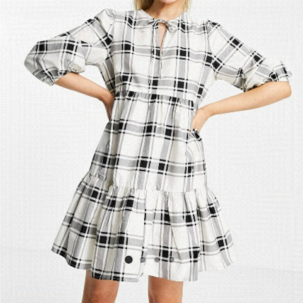 New Look Asos White and Black Plaid Tie Neck Tiered Dress US 4